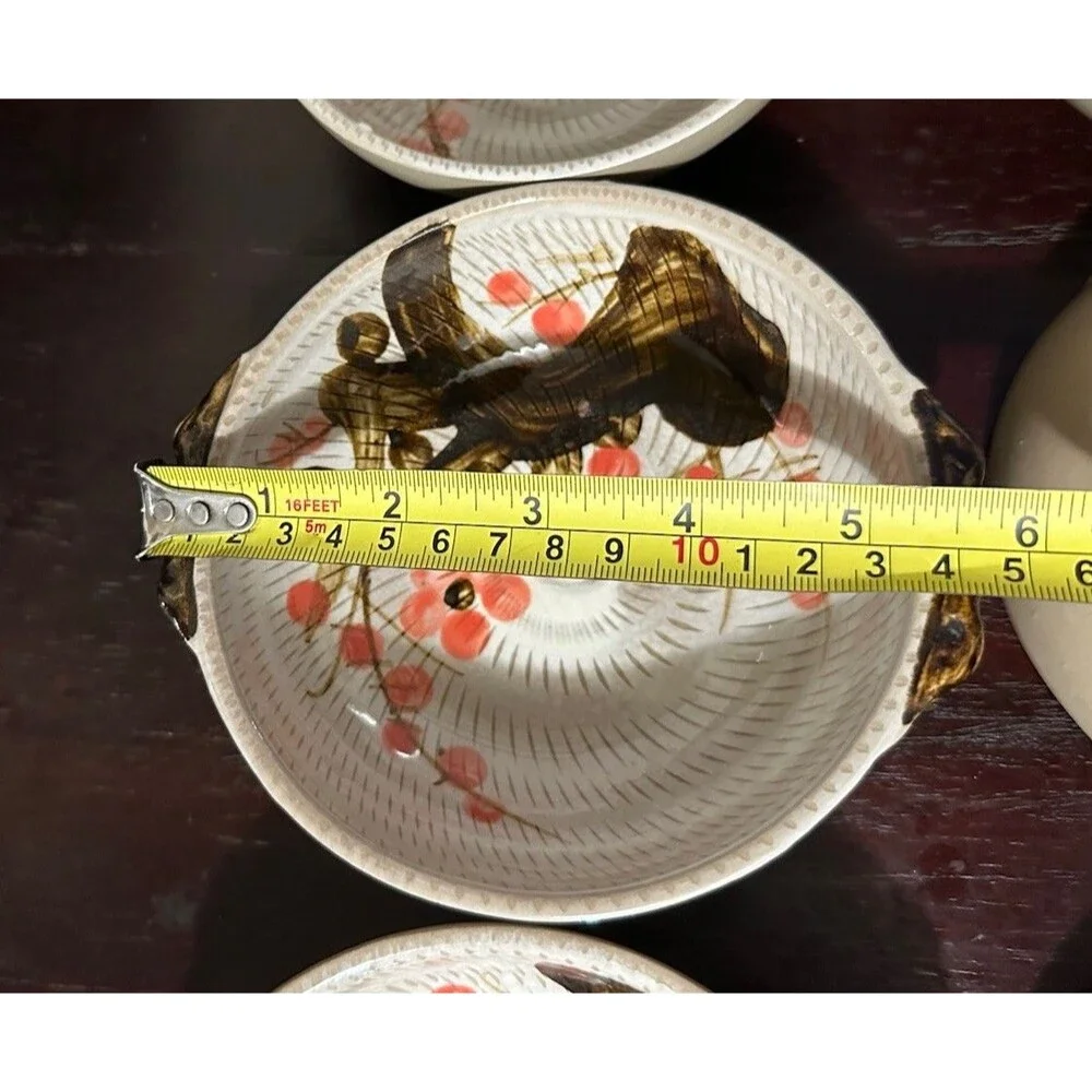 Vintage Japanese Style Hand Painted Cherry Blossom Bird Ceramic Bowl Set of 8